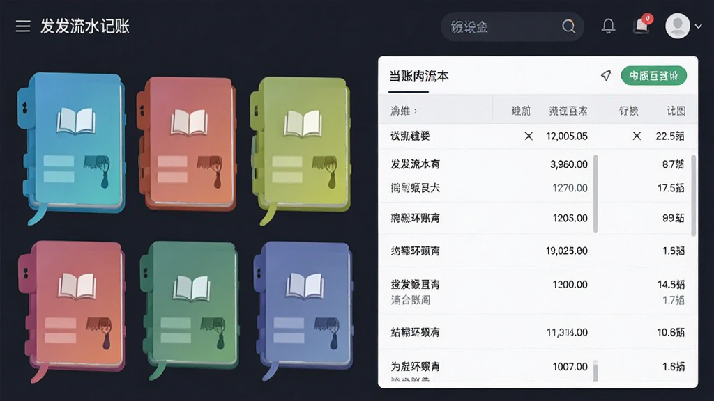 AI生图,画面展示发发流水记账系统的多账本管理界面,屏幕左侧排列着多个彩色账本标签,右侧显示当前账本的流水明细列表,界面布局清晰,风格商务简约,画质高清,干净无多余元素