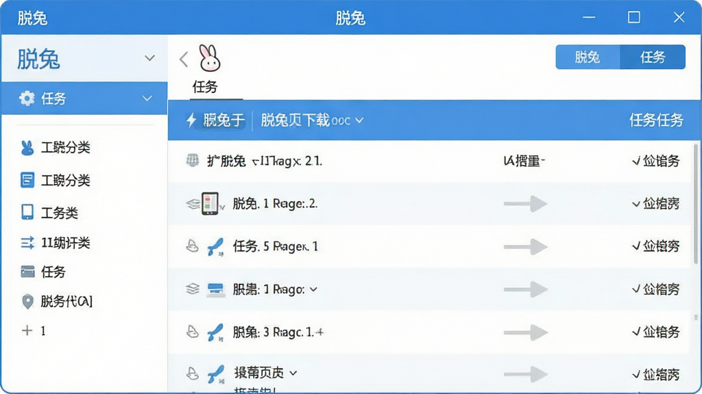 一张干净简洁的软件界面展示图,画面中央是“脱兔”下载工具的主窗口,左侧为任务分类列表,右侧为下载任务详情,整体采用蓝白配色,扁平化设计风格,界面元素清晰整齐,背景为纯白色,画质高清,无多余装饰元素