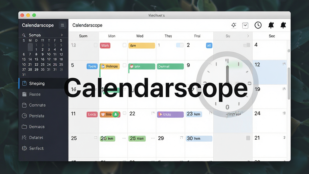 软件主界面全景展示,主体为Calendarscope日历窗口,布局为左侧月份导航面板与右侧日程事件列表,排版层次分明,风格为现代办公简约风,细节包含彩色事件标签、时钟图标与提醒铃铛,画面中打文字