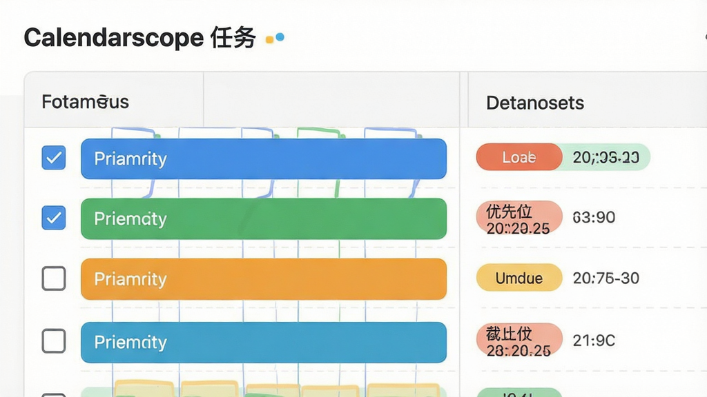 Calendarscope任务管理面板,主体为待办事项列表与优先级标签,布局为上下分栏结构,排版紧凑合理,风格为现代扁平化设计,细节包含勾选框、优先级色块与截止日期标注,画面中打文字