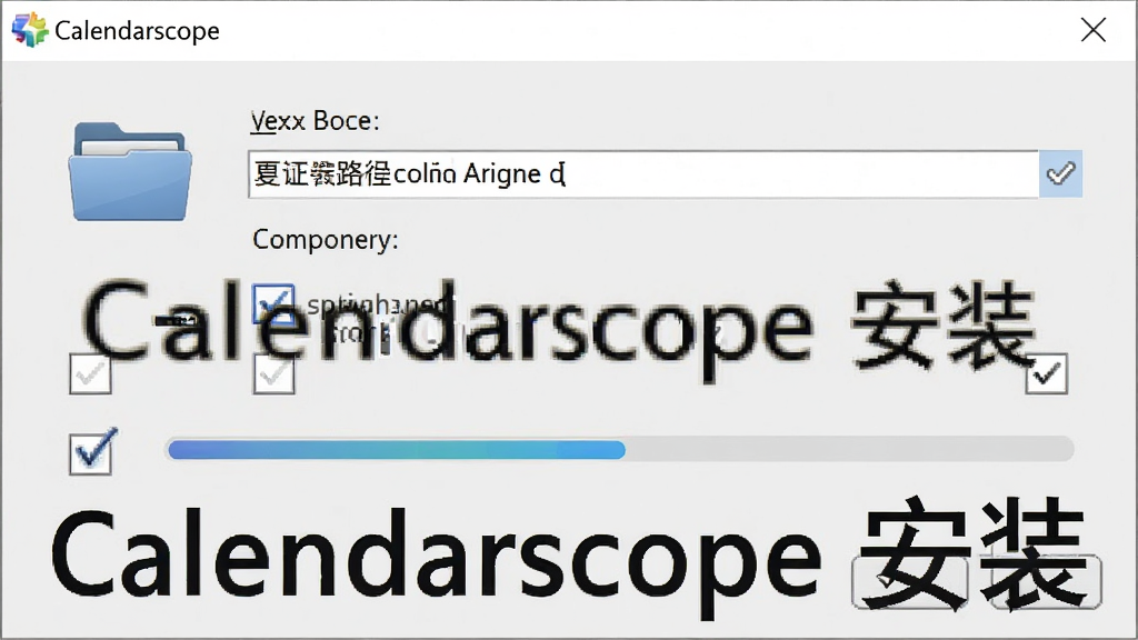 Calendarscope安装设置向导界面,主体为安装路径选择与组件勾选窗口,布局为居中对话框,排版简洁清晰,风格为浅灰质感商务风,细节包含文件夹图标、复选框与进度条,画面中打文字