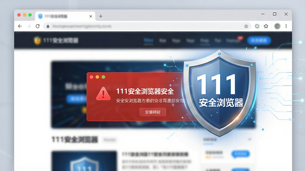 一幅展示111安全浏览器安全拦截功能的场景图,画面中浏览器窗口弹出红色风险警告提示框,背景是模糊的网页界面,盾牌图标高亮显示“111安全浏览器”文字,风格为写实科技感,构图突出安全防护主题,画质清晰,画面干净整洁,无多余装饰元素