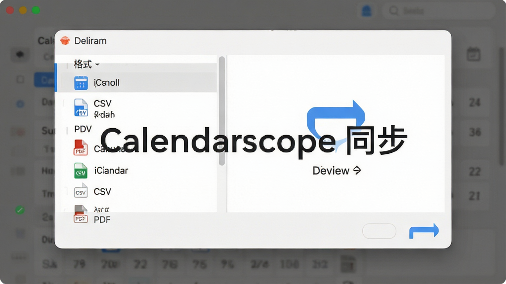 Calendarscope数据导入导出界面,主体为文件格式选择对话框,布局为左侧格式列表与右侧预览区域,排版清晰有序,风格为素雅极简风,细节包含iCalendar、CSV、PDF等格式图标与同步箭头,画面中打文字