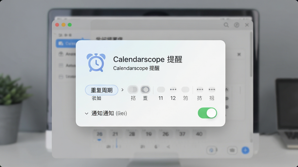 Calendarscope事件提醒设置面板,主体为提醒弹窗与时间选择器,布局为居中弹窗样式,排版简洁明了,风格为柔和浅色科技风,细节包含闹钟图标、重复周期选项与通知开关,画面中打文字