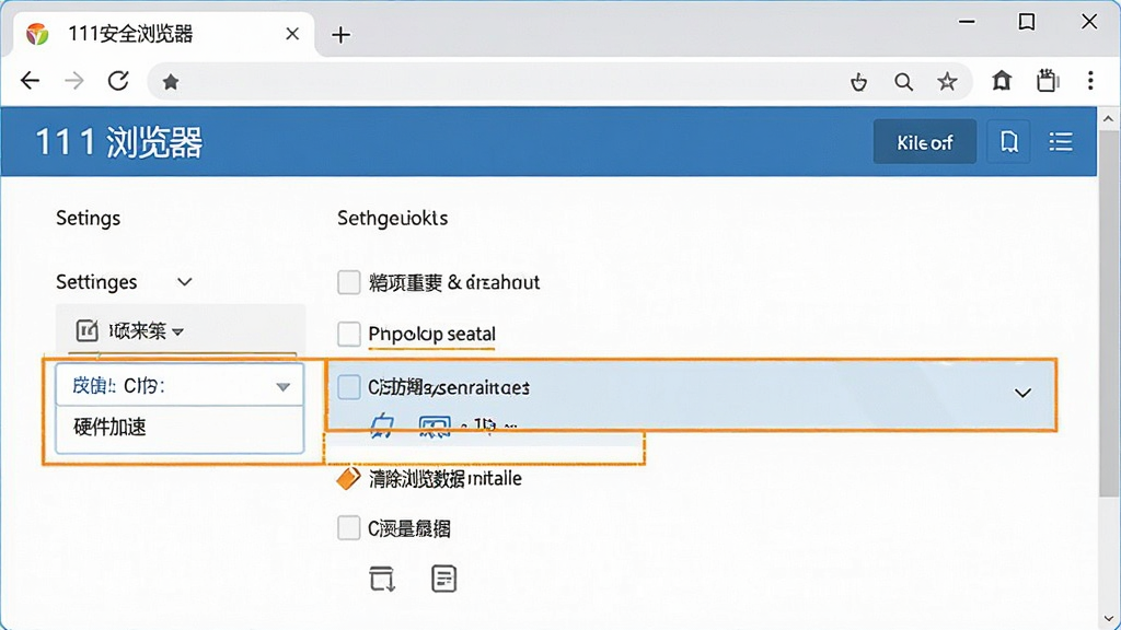 一幅展示111安全浏览器设置界面的操作示意图,画面中浏览器设置页面打开,高亮显示“硬件加速”与“清除浏览数据”两个选项,界面风格简约商务,布局清晰,画质高清,画面干净无多余元素,适合作为使用教程配图