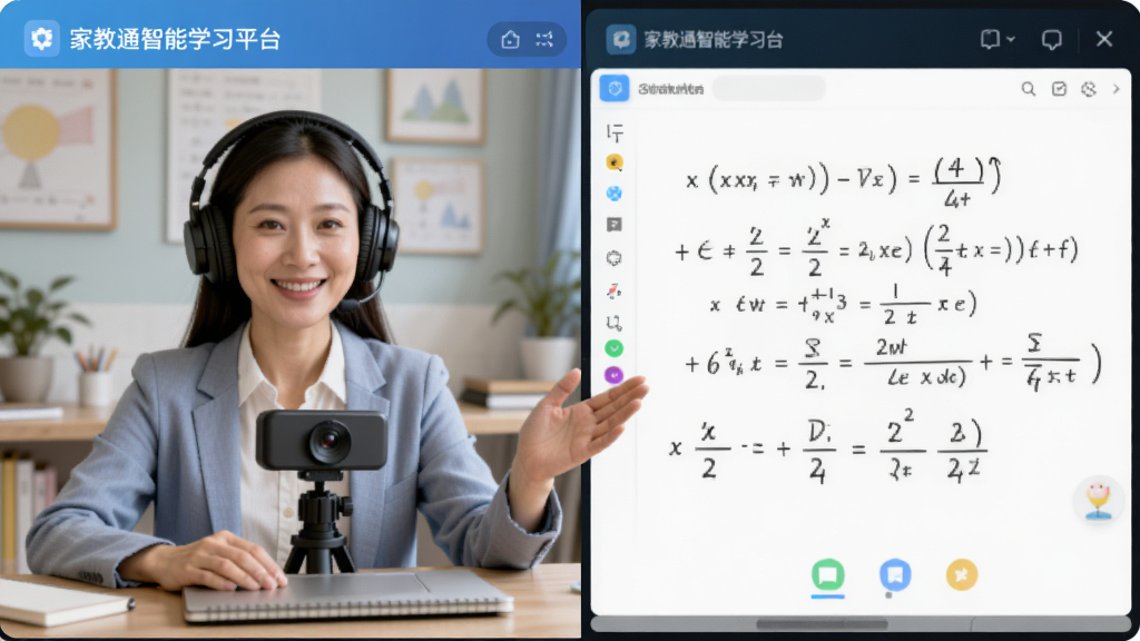 AI����ͼƬ��������һλ��ʦ����ʹ�üҽ�ͨ����ѧϰƽ̨���������ڿΣ����沼��Ϊ�����ʦ��Ƶ���ڣ��Ҳ໥���װ���ʾ��ѧ��ʽ�����Ϊ�ִ����߽���������ϸ���ж���������ͷ���ʼǱ������ʸ��壬�ɾ��޶���Ԫ�أ�ͼƬ�����֡��ҽ�ͨ����ѧϰƽ̨��