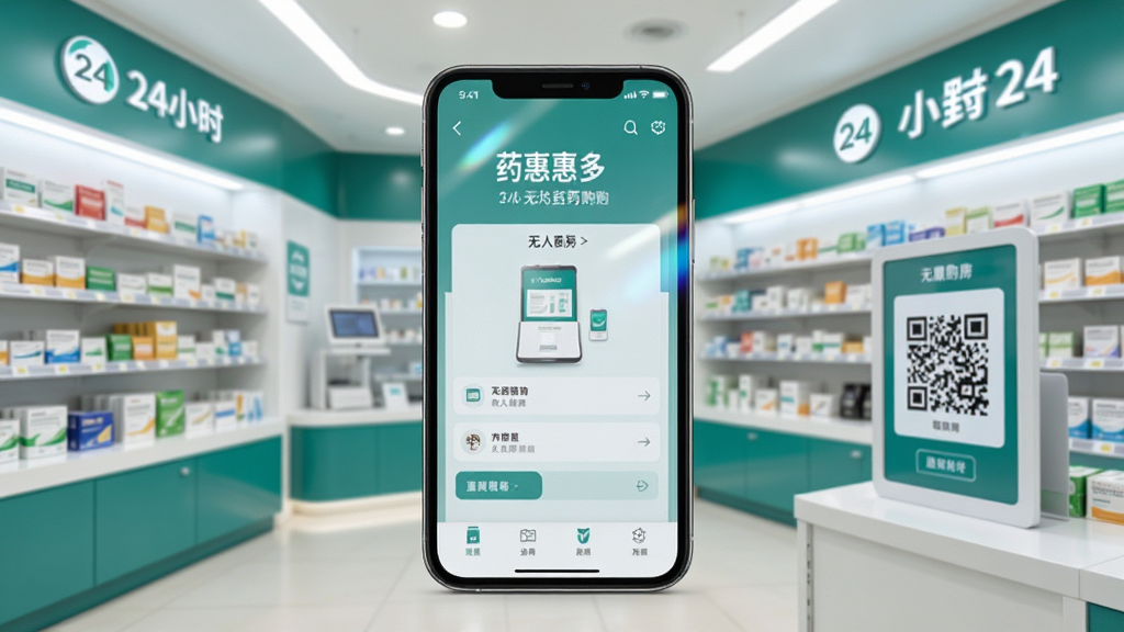 画面主体为一部智能手机,屏幕显示药惠多无人药房的购药界面,背景是明亮的24小时无人药房实体门店,布局采用居中构图,手机屏幕在画面中央偏左,右侧展示药房货架与取药二维码,排版简洁清晰,风格为现代科技感写实风,细节包括药房灯光明亮、药品排列整齐、手机屏幕反射微光,画质高清,干净,无多余元素。