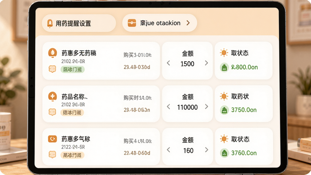 画面主体为药惠多无人药房订单管理页面,布局采用列表式卡片排列,每张卡片显示药品名称、购买时间、金额与取药状态,顶部有用药提醒设置入口,排版整齐,风格为柔和圆角卡片风,细节包括状态标签颜色区分、提醒图标醒目、整体色调温暖,画质高清,干净,无多余元素。