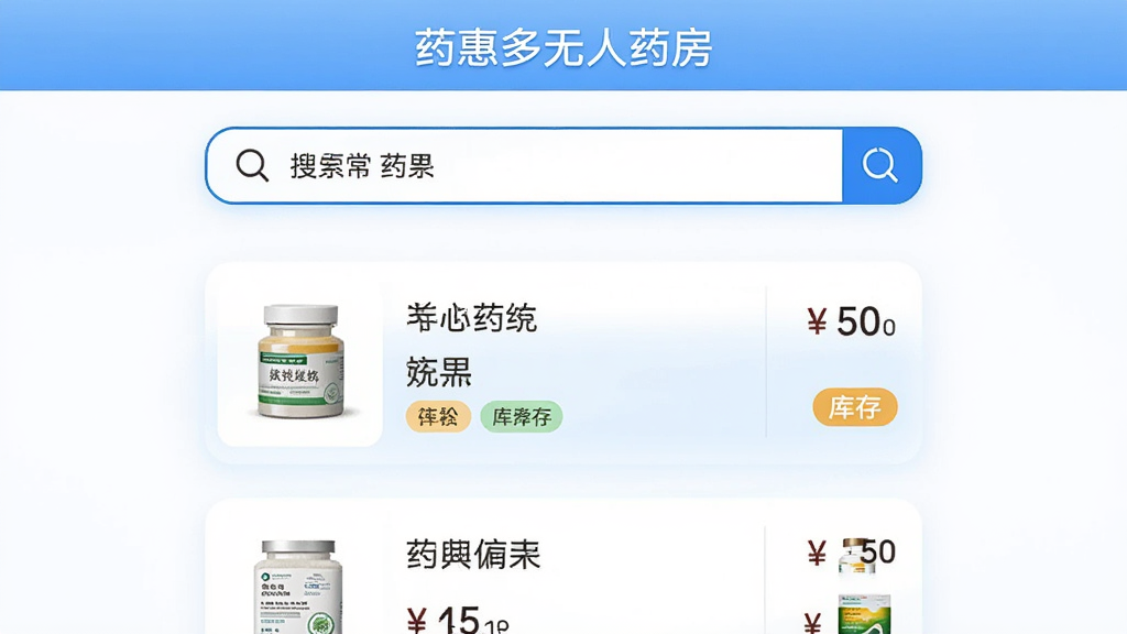 画面主体为药惠多无人药房药品搜索界面,布局采用居中搜索框加下方结果列表,搜索框内显示常见药品名称,结果列表展示药品图片、名称、价格与库存标签,排版清晰,风格为现代简约医疗风,细节包括搜索结果高亮、库存标签颜色区分、整体色调以蓝白为主,画质高清,干净,无多余元素。