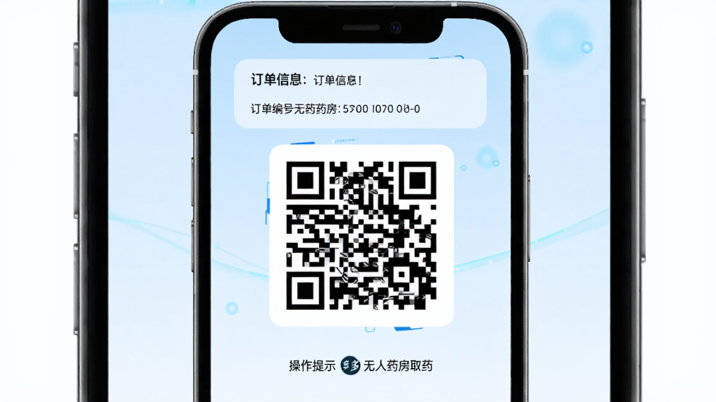 画面主体为药惠多无人药房取药二维码界面,布局采用上方订单信息、中部大尺寸二维码、下方操作提示文字,排版居中对称,风格为科技感简洁风,细节包括二维码清晰、订单编号可见、背景为淡蓝色渐变、手机边框圆润,画质高清,干净,无多余元素。