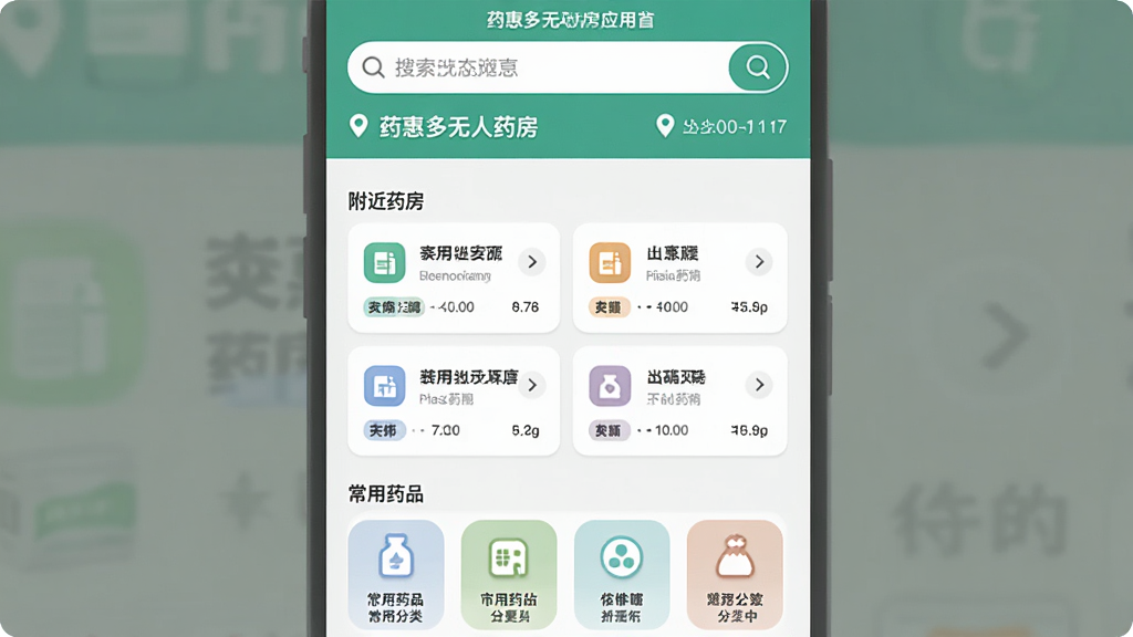 画面主体为药惠多无人药房应用首页界面,布局采用上下结构,上方为搜索栏与定位信息,中部为附近药房列表卡片,下方为常用药品分类图标,排版整齐,风格为清爽扁平化UI设计,细节包括卡片圆角、图标色彩柔和、文字清晰可读,画质高清,干净,无多余元素。