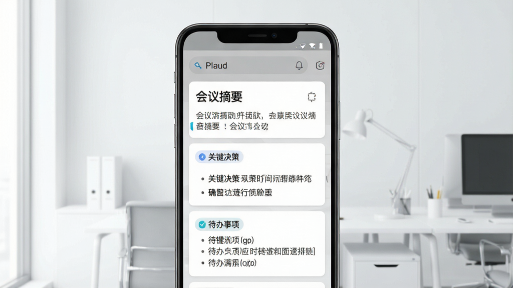 一张展示Plaud应用智能摘要功能的界面图,画面中央是安卓手机屏幕,屏幕上显示一份录音转写后的摘要卡片,卡片中有