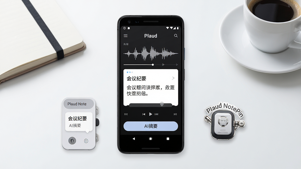 一张展示Plaud AI录音卡应用核心全貌的场景图,画面中央是一部安卓手机,手机屏幕上显示Plaud应用主界面,界面中有录音波形、转写文字卡片和AI摘要按钮,手机旁边摆放着一枚小巧的Plaud Note录音卡片和Plaud NotePin胸针式录音设备,背景是简洁的现代办公桌面,有笔记本和咖啡杯,整体布局居中对称,风格为清爽科技感产品宣传图,细节包括手机屏幕上的文字卡片显示