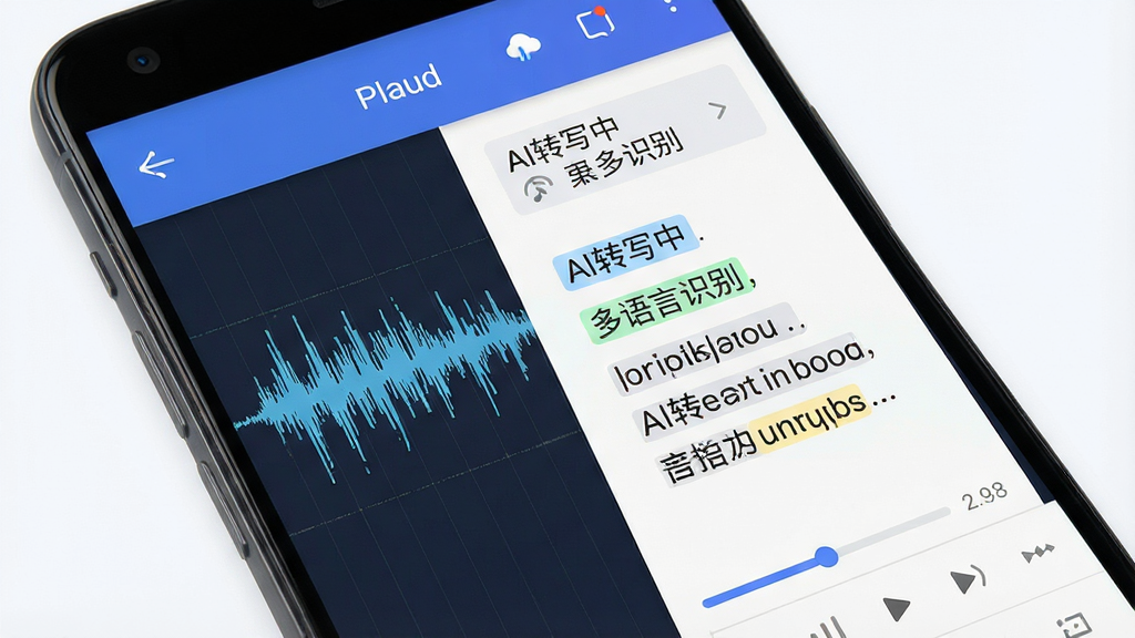 一张展示Plaud应用AI语音转写功能的界面图,画面中央是安卓手机屏幕,屏幕上显示一段录音被转写成文字的过程,左侧是音频波形,右侧是逐句生成的文字内容,界面中有