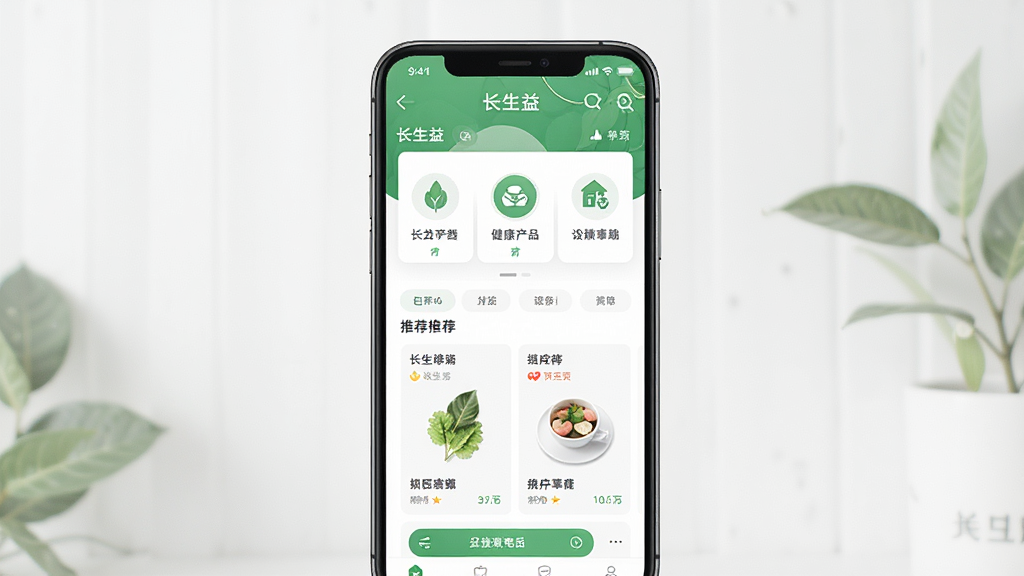 一张展示长生益电商平台手机应用界面的图片,主体为一部智能手机,屏幕上显示长生益APP首页,包含健康产品分类图标和推荐商品卡片,布局简洁清晰,排版居中,风格现代清新,细节上带有绿色健康元素点缀,画质高清,干净,无多余元素