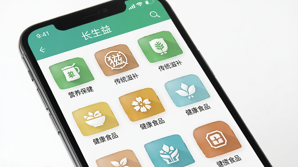 一张展示长生益APP商品分类页面的图片,主体为手机屏幕,屏幕上显示多个商品分类图标,包括营养保健、传统滋补、健康食品等,布局为网格状排列,风格简约明快,细节上每个图标配有简短文字标签,画质清晰,干净,无多余元素
