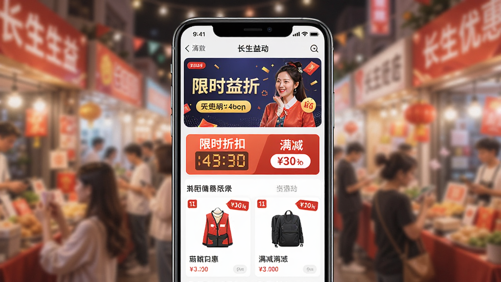 一张展示长生益APP优惠活动页面的图片,主体为手机屏幕,屏幕上显示限时折扣和满减优惠横幅,布局上部为活动主图,下部为商品列表,风格热闹促销,细节上带有倒计时和价格标签,画质高清,干净,无多余元素