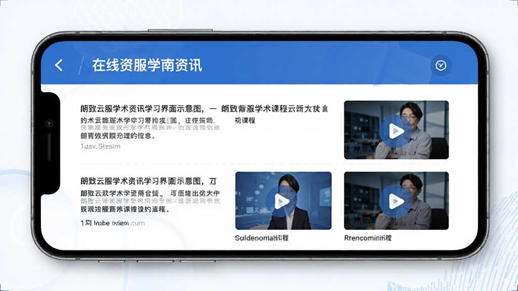 朗致云服学术资讯学习界面示意图,画面展示手机屏幕内呈现文章列表与视频课程封面,排版整齐,配色以蓝色和白色为主,风格专业稳重,背景干净,高清画质,适合展示在线学习功能