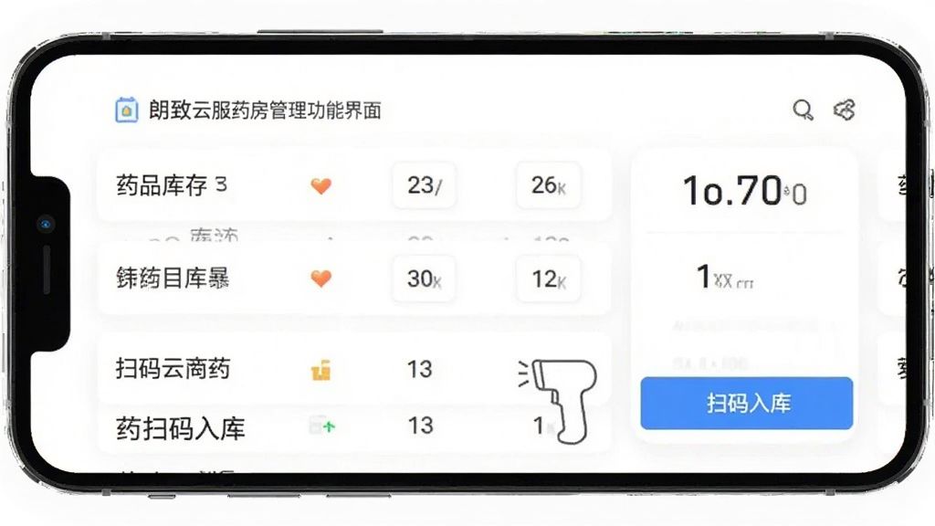 朗致云服药房管理功能界面截图,画面展示一部手机屏幕,屏幕内呈现药品库存列表与扫码入库按钮,界面采用卡片式布局,数据清晰易读,背景为纯白色,风格干净清爽,高清画质,无多余装饰元素