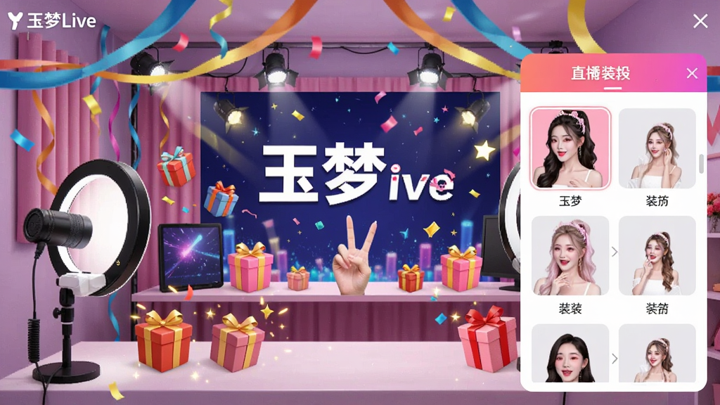 һ��չʾ������Live��ֱ������Ի�װ��Ľ���ͼ����������һ�����þ�����ֱ���䣬���вʴ����ƹ⡢���ⱳ����������Ч������չʾװ��ѡ����壬���������죬ϸ�ڷḻ�������������ɾ��޶���Ԫ��