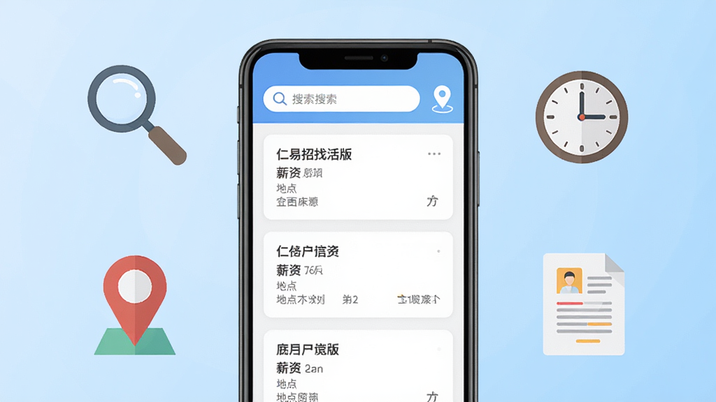 仁易招找活版是一款手机端灵活就业招聘软件,画面主体为一部竖屏智能手机,手机屏幕上展示着简洁的招聘信息列表界面,上方有搜索栏和定位图标,下方排列着多个岗位卡片,卡片上有职位名称、薪资、地点等文字信息,背景为浅蓝色渐变,周围环绕着放大镜、时钟、定位针、简历文档等扁平化图标元素,整体布局居中对称,风格为现代扁平化UI设计,细节清晰,画质干净,无多余元素,适合软件下载站展示