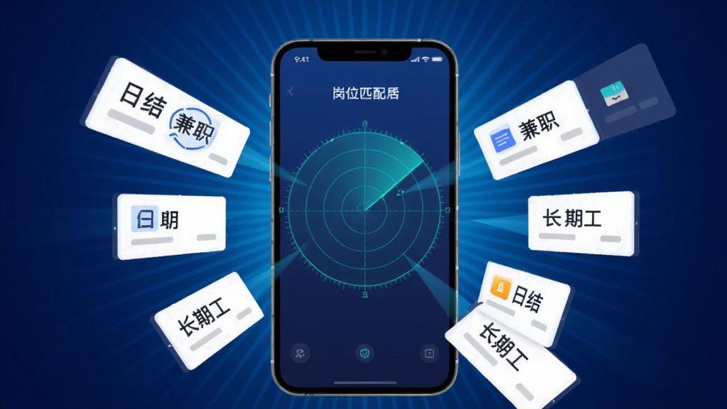 仁易招找活版智能岗位匹配功能展示图,画面中央是一部手机,屏幕显示带有雷达扫描效果的岗位匹配界面,多个岗位卡片从四周向中心汇聚,卡片上有文字如“日结”“兼职”“长期工”等,背景为深蓝色科技感渐变,光线从中心向外辐射,风格为科技感扁平插画,细节精致,画质干净,无多余元素