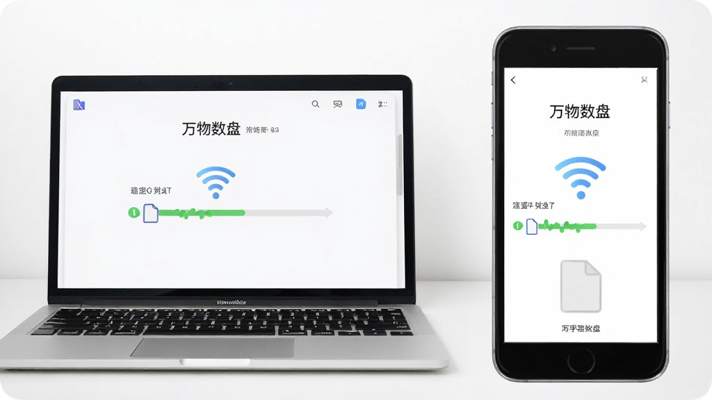 一台笔记本电脑和一部手机并排摆放,两者屏幕都显示“万物数盘”的传输进度界面,中间有无线信号波纹图标,背景为干净的白色桌面,布局为左右并排,风格为简洁产品展示图,细节包括进度条、文件图标、设备名称标识,画质清晰,干净,无多余元素