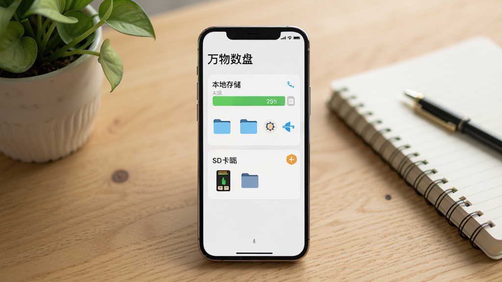 一部手机放置在木质桌面上,屏幕显示“万物数盘”的离线文件管理界面,界面中显示本地存储和SD卡存储两个区域,背景有绿植和笔记本,布局为手机居中,风格为生活化场景图,细节包括存储容量条、文件夹图标、离线标识,画质清晰,干净,无多余元素