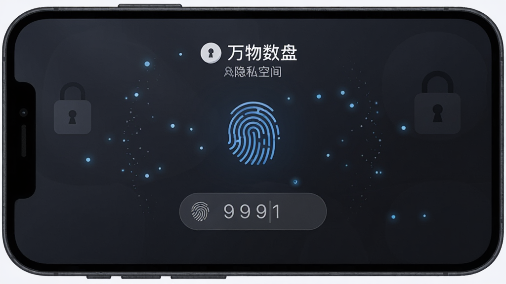 手机屏幕显示“万物数盘”的隐私空间解锁界面,中央有指纹识别图标和密码输入框,背景为深色磨砂质感,布局为居中对称,风格为安全主题UI插画,细节包括锁形图标、隐私空间文字标识、周围有微光粒子效果,画质清晰,干净,无多余元素