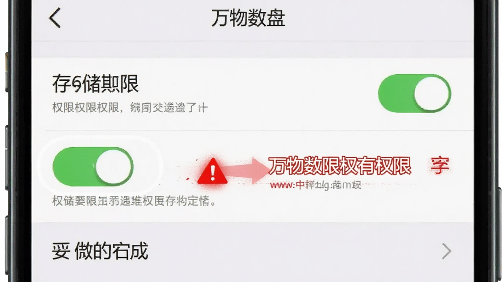 一部手机屏幕显示“万物数盘”的权限设置界面,界面中存储权限开关被高亮标注,旁边有红色警示图标和文字说明,背景为浅灰色设置页面,布局为竖向列表,风格为教程指引图,细节包括权限名称、开关状态、提示文字,画质清晰,干净,无多余元素