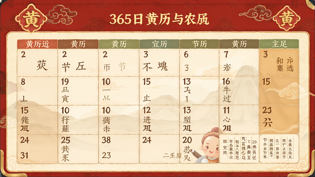 一张展示365日历黄历与农历功能的图片,画面中是一页带有农历日期、节气信息和黄历宜忌的日历页面,页面设计带有中国传统文化元素,配色温暖,风格典雅,画质干净