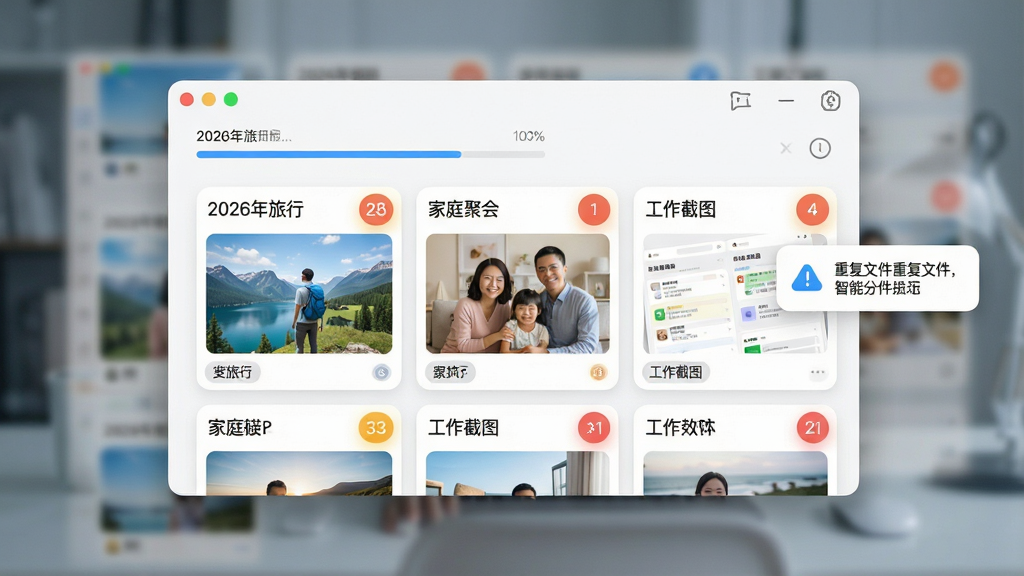 一幅人人极速相册智能分类功能展示图,画面中央是软件界面,显示照片按“2026年旅行”“家庭聚会”“工作截图”等标签整齐分组,每个分组卡片上有数量角标,背景虚化处理,风格简洁科技感,细节包含扫描进度条和重复文件提示气泡,画质清晰、干净、无多余元素