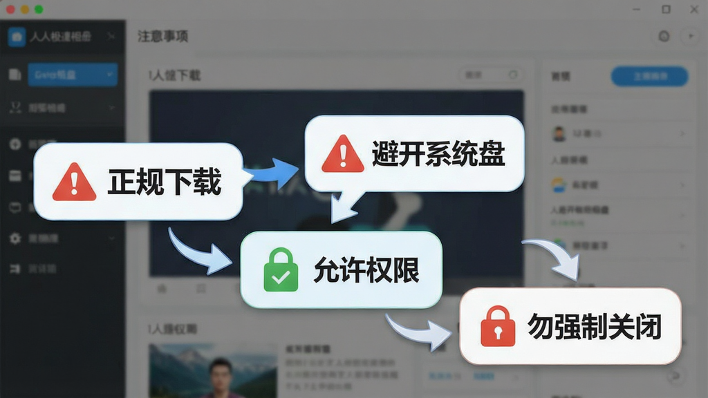 一张新手使用人人极速相册的注意事项图解,画面以软件界面为背景,前景浮现多个提示气泡,分别写着“正规下载”“避开系统盘”“允许权限”“勿强制关闭”,布局错落有致,风格信息图表化,细节包含警示图标与箭头指示,画质清晰、干净、无多余元素