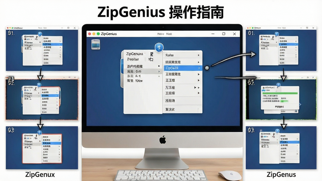 一张展示ZipGenius操作指南的图片,主体为电脑屏幕上显示ZipGenius右键菜单操作步骤,布局为分步骤截图排列,排版清晰直观,风格为教程演示风,细节包括右键菜单、压缩选项、进度提示等,画质高清,画面干净,无多余元素