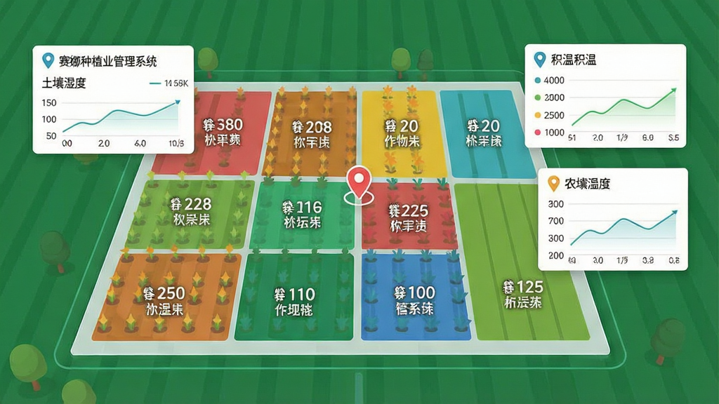 一张聚焦农业地块数字化管理的场景图,画面主体是一块虚拟的农田地图,地图上划分出多个彩色区块,每个区块标注着“赛娜种植业管理系统”中的地块编号和作物名称,地图旁边悬浮着信息卡片,显示土壤湿度和积温数据,布局为居中构图,风格为扁平化信息图表风,细节包含定位图标和数据折线,画质干净清晰,无多余元素