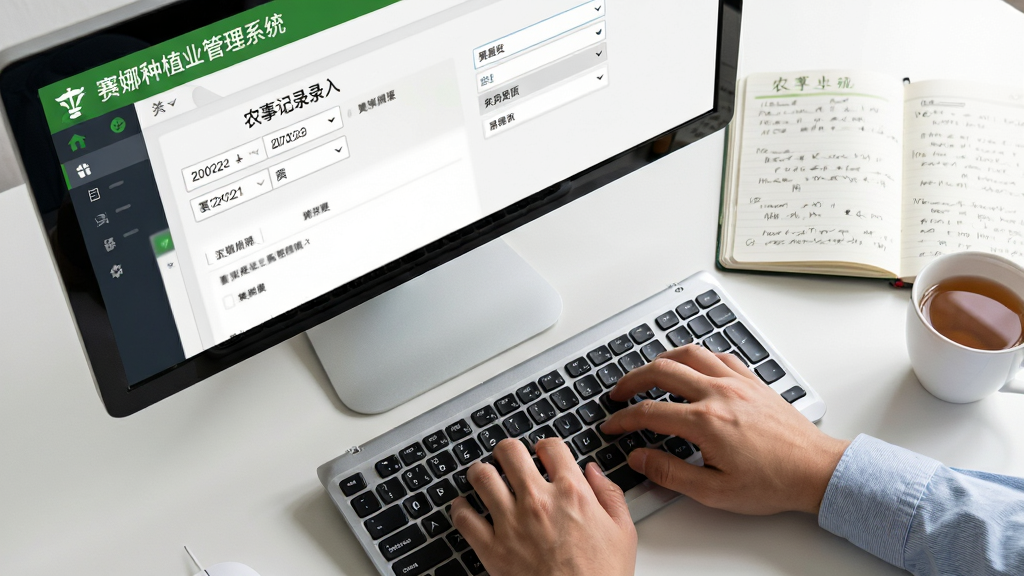 一张展示电脑端农业管理软件操作细节的特写图,画面中是一双手正在键盘上打字,屏幕上显示“赛娜种植业管理系统”的农事记录录入界面,旁边放着一本打开的农事笔记本和一杯茶,布局为俯视特写构图,风格为写实办公风,细节包含屏幕上的日期选择器和下拉菜单,画质清晰锐利,无多余元素