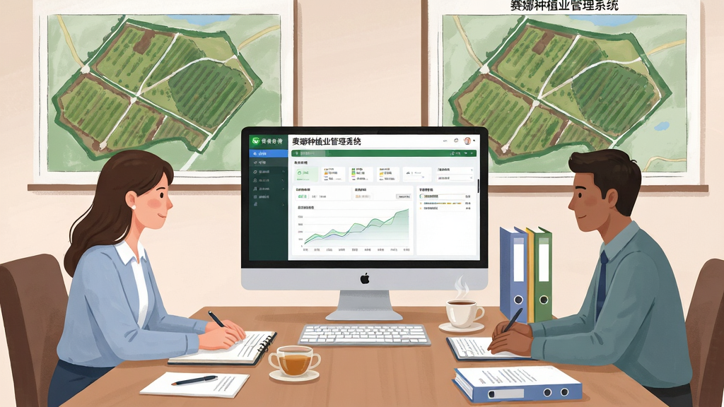 一张表现农业团队协作的办公场景图,画面中有三个人围坐在会议桌旁,桌上放着一台显示器,屏幕上显示“赛娜种植业管理系统”的多用户权限设置界面,背景墙上挂着农田规划图,布局为三角形人物站位,风格为商务插画风,细节包含笔记本、茶杯和文件资料,画质柔和清晰,无多余元素
