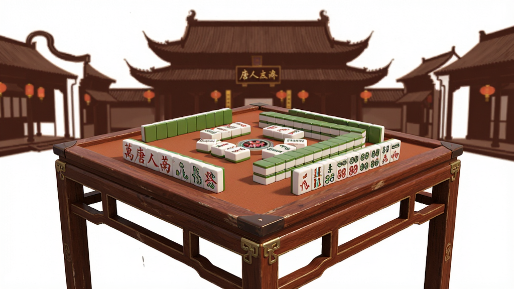 一张展示唐人南京麻将游戏主界面的图片,画面中央是古色古香的麻将桌,桌面上整齐码放着万、条、筒等麻将牌,背景是南京夫子庙风格的建筑轮廓,画面风格为写实3D,细节丰富,画质清晰,画面中带有“唐人南京麻将”的文字标识,整体干净整洁无多余元素