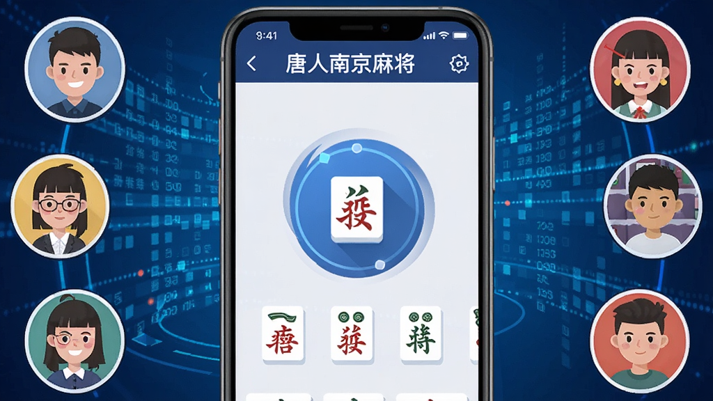 一张展示唐人南京麻将智能匹配界面的图片,画面中手机屏幕显示快速匹配中的动画效果,周围环绕着代表不同玩家的卡通头像,背景是科技感的蓝色数据流,画面风格为现代扁平化插画,细节清晰,画质干净,画面中带有“唐人南京麻将”的文字标识