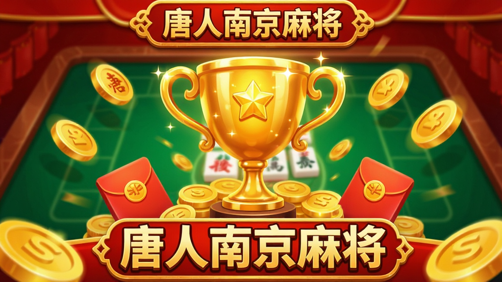 一张展示唐人南京麻将赛事活动界面的图片,画面中央是一个金光闪闪的奖杯,周围环绕着金币和红包图标,背景是喜庆的红色与金色搭配,画面风格为游戏UI活动横幅,细节丰富,画质清晰,画面中带有“唐人南京麻将”的文字标识