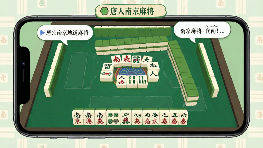 一张展示唐人南京麻将地道玩法的游戏截图,画面中显示手机屏幕内正在进行南京麻将对局,手牌整齐排列,桌面中央有打出的牌,屏幕上方有南京方言的语音气泡,画面风格为扁平化UI设计,色彩以绿色和米白色为主,细节清晰,画质干净,画面中带有“唐人南京麻将”的文字标识