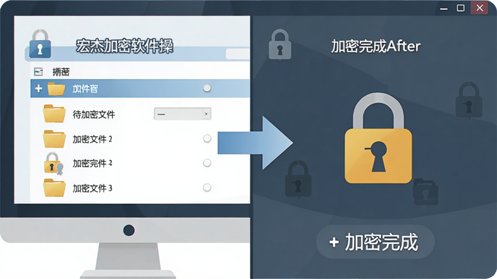 宏杰加密软件操作教程示意图,画面中展示电脑屏幕分屏显示,左侧为待加密文件夹列表,右侧为加密完成后的锁形图标状态,中间有箭头指示流程,风格为扁平化信息图风格,细节包括清晰的步骤编号和图标,画质高清,干净,无多余元素
