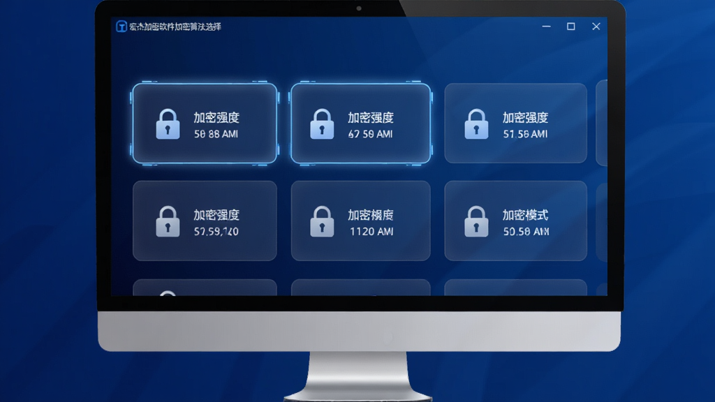 宏杰加密软件加密算法选择界面,画面中展示一个电脑屏幕,屏幕上排列着多个加密模式选项卡片,每个卡片上有锁形图标和加密强度标识,背景为深蓝色渐变,风格为现代简约科技风,细节包括高亮选中的卡片和微光边框,画质高清,干净,无多余元素