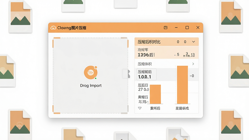 一张干净简洁的软件界面展示图,画面中央是云橙图片压缩软件主窗口,左侧显示拖拽导入区域,右侧显示压缩前后体积对比列表,整体采用浅橙色与白色配色,扁平化设计风格,屏幕周围有少量图片文件图标环绕,画质清晰,无多余元素