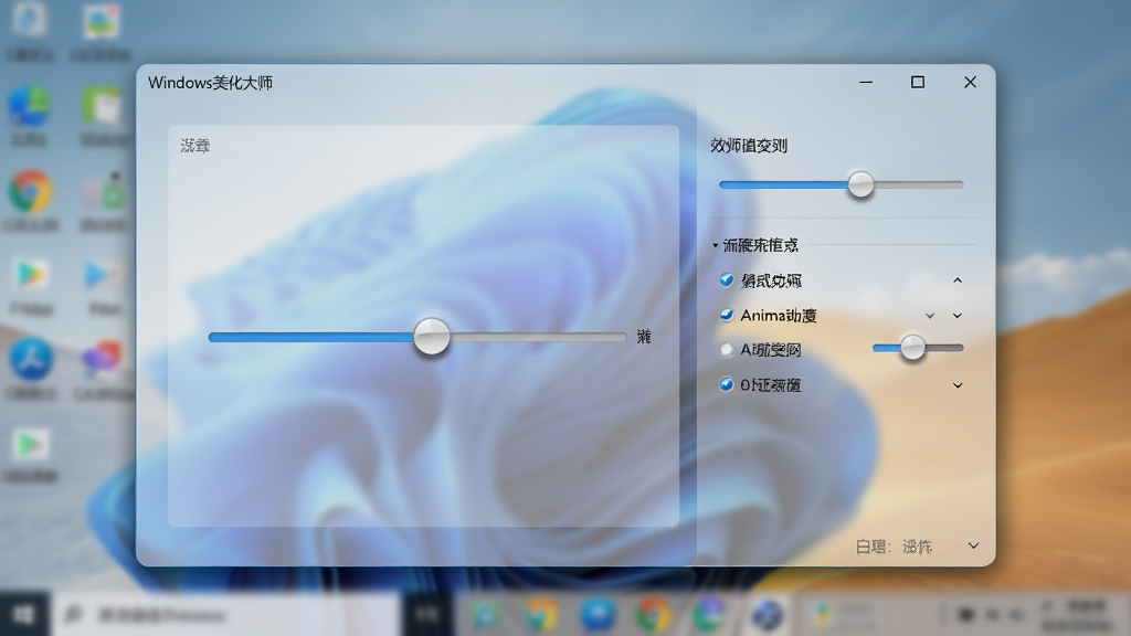 Windows美化大师窗口特效设置界面,画面展示了一个半透明的窗口,窗口边缘带有毛玻璃模糊效果,背景是模糊的桌面壁纸,窗口内显示着透明度调节滑块和动画效果选项,布局为左右分栏,左侧为效果预览区,右侧为参数调节区,风格为现代简约,细节包括滑块光泽、窗口阴影、模糊光晕,画质高清,干净整洁