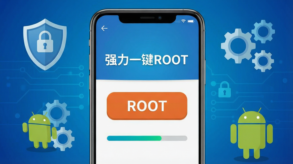 一张展示智能手机屏幕的图片,屏幕中央显示“强力一键ROOT”软件主界面,界面包含醒目的ROOT按钮和进度条。背景为科技感十足的蓝色渐变,周围环绕着盾牌、齿轮、安卓机器人等安全与系统元素。布局采用居中构图,软件界面清晰可见。风格为扁平化科技风,细节处理精致,画质高清,干净无多余元素。