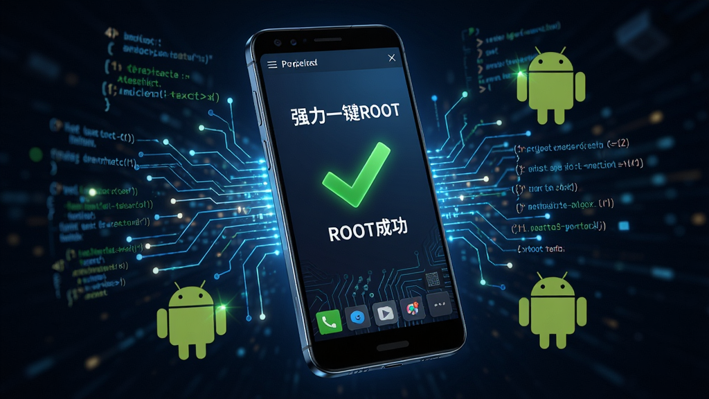 一幅AI生图,画面主体是一部安卓手机正在运行“强力一键ROOT”软件,屏幕上显示“ROOT成功”的绿色对勾。布局上手机悬浮在中央,四周有数据流和代码片段环绕。风格为现代数字科技感,细节包括发光的电路纹理和安卓机器人图标。画质要求4K超清,画面干净,无多余杂乱元素。