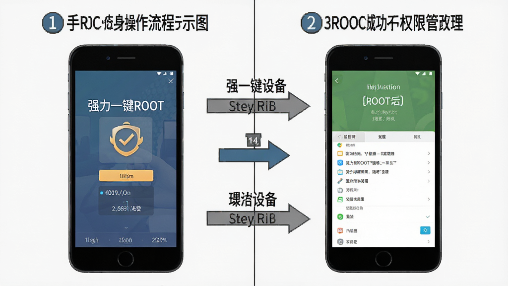 一张展示手机ROOT操作流程的示意图,画面分为左右两部分。左侧为手机屏幕显示“强力一键ROOT”软件正在检测设备,右侧为ROOT成功后的权限管理界面。布局清晰,风格为教程图解风,细节包括箭头指引和步骤编号。画质清晰,背景简洁,无多余装饰。