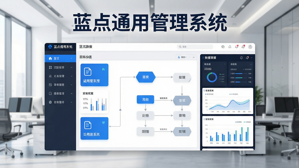一张展示蓝点通用管理系统核心全貌的宣传图,画面中央是软件主界面截图,左侧为功能导航栏,右侧为数据仪表盘与图表展示,顶部有“蓝点通用管理系统”字样,背景为现代办公环境,布局清晰,排版简洁,风格为科技商务风,细节包括图标、数据卡片、流程节点,画质高清,干净,无多余元素