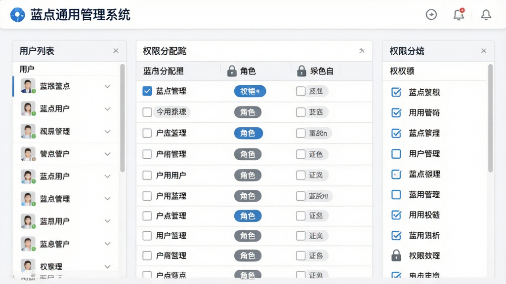 一张展示蓝点通用管理系统权限管控界面的图片,画面中央为权限分配表格,左侧为用户列表,右侧为权限勾选项,顶部有“蓝点通用管理系统”标识,背景为白色简洁风格,布局为左右分栏,细节包括复选框、角色标签、锁定图标,画质高清,干净,无多余元素